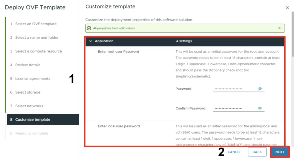 Customize template step shows password fields for root and local users. Click Next to proceed.