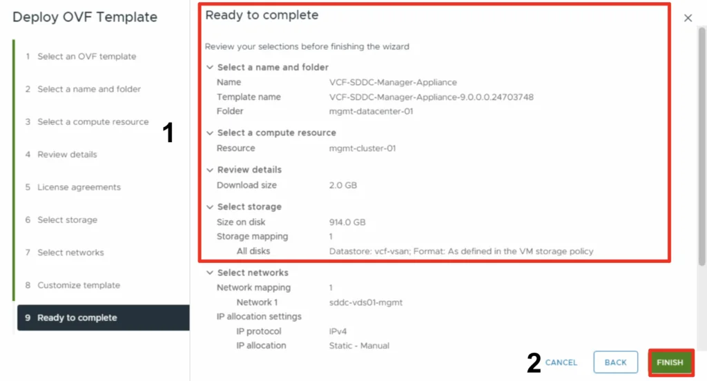 Review selections, then click Finish to deploy.