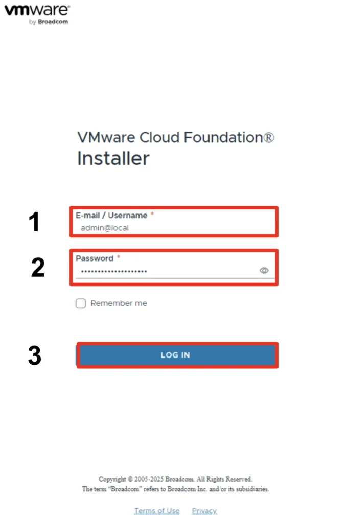 The image shows a VMware Cloud Foundation Installer login screen with fields for email/username and password, and a "Log In" button.