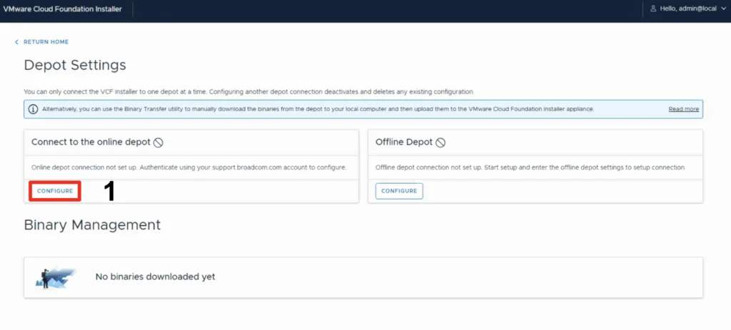 Configure the online depot by clicking the Configure button.