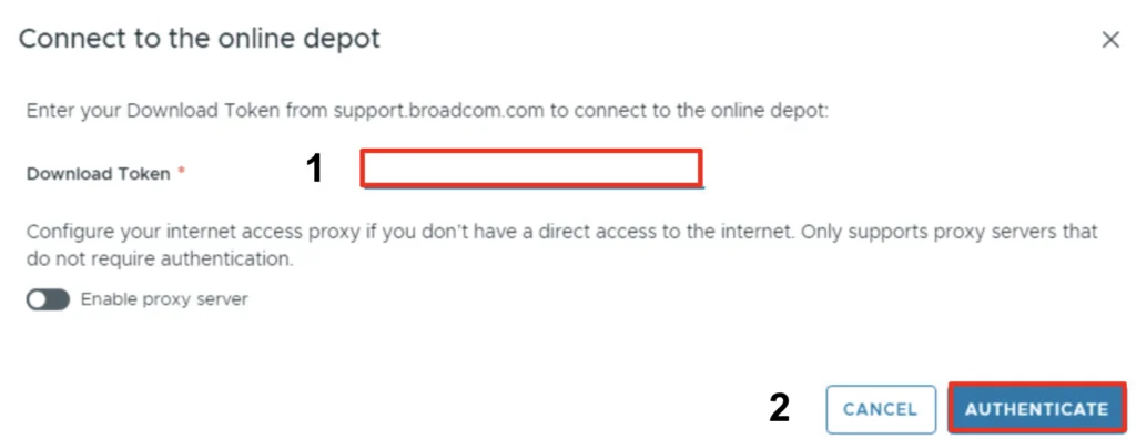 Enter your download token to connect to the online depot; enable proxy if needed.