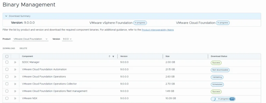 Binary Management page shows download status for VMware Cloud Foundation components.