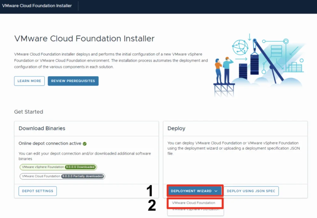 VMware Cloud Foundation Installer screen shows download and deployment options for a new VCF instance.