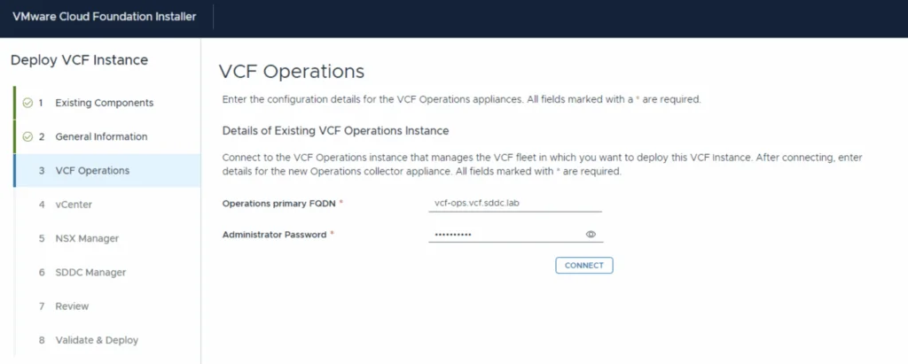 VCF Operations wizard step shows fields for FQDN and password, with a Connect button.