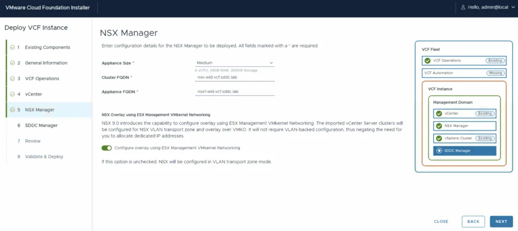 NSX Manager configuration screen in VCF 9 deployment wizard.