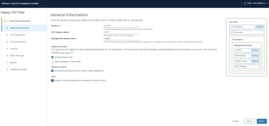 Deploy VCF 9 instance in new fleet, set up management domain, choose deployment model, and auto-generate passwords.