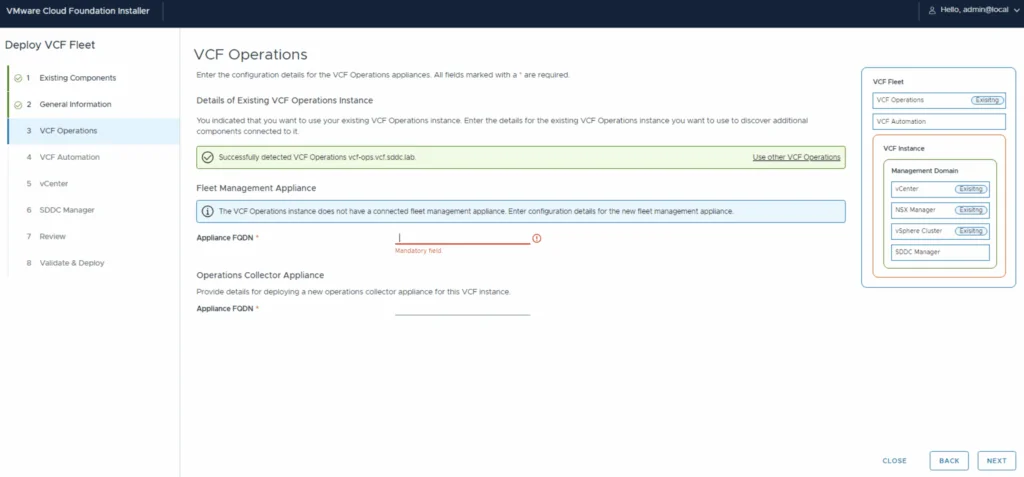 Deploy VCF Fleet wizard shows fleet management appliance setup, with error for missing appliance.