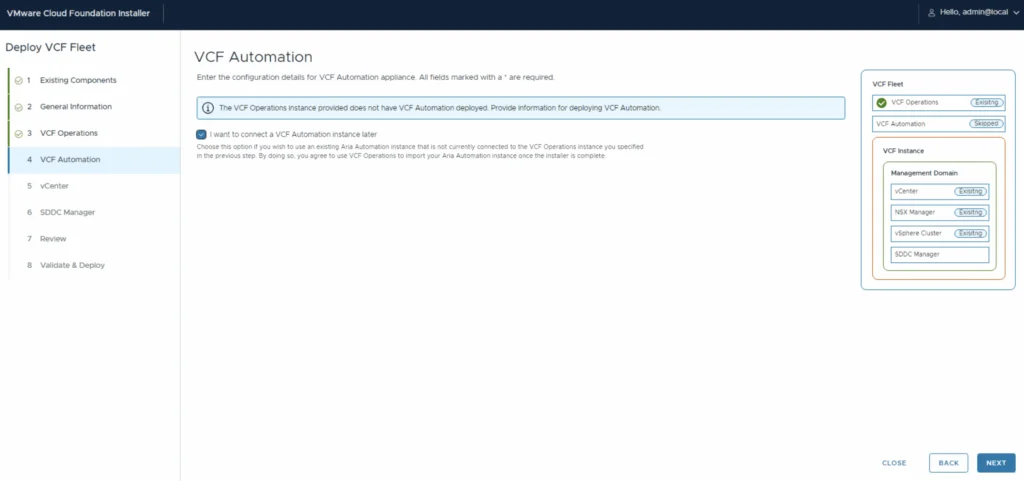 Deploying VCF Automation in a new VCF fleet wizard step.