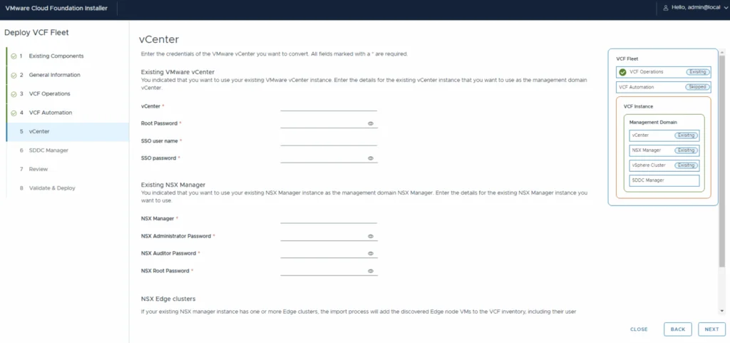 Deploying VCF 9, entering vCenter and NSX details.