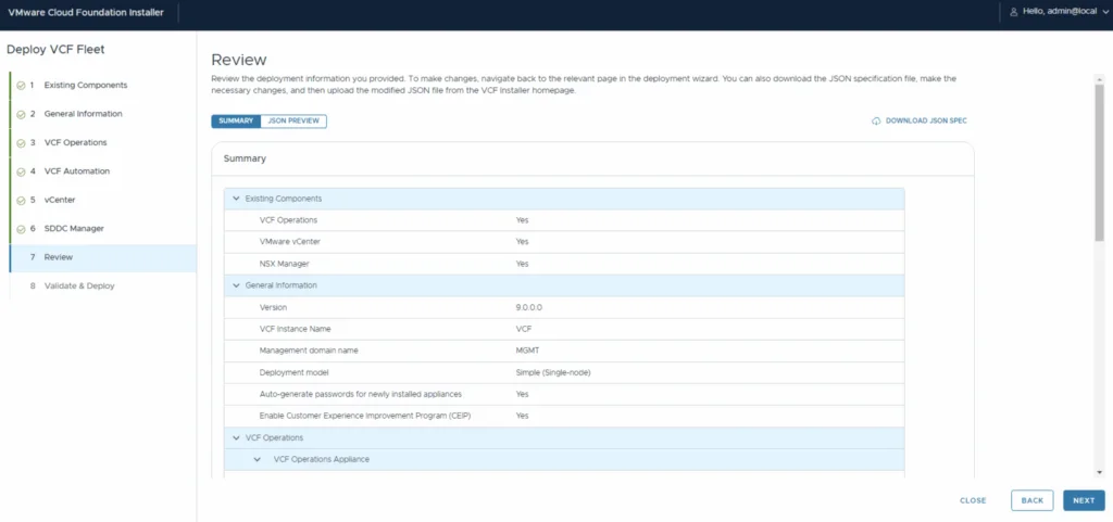 Review page for deploying a VCF 9 instance in a new VCF fleet, showing existing components and general information.