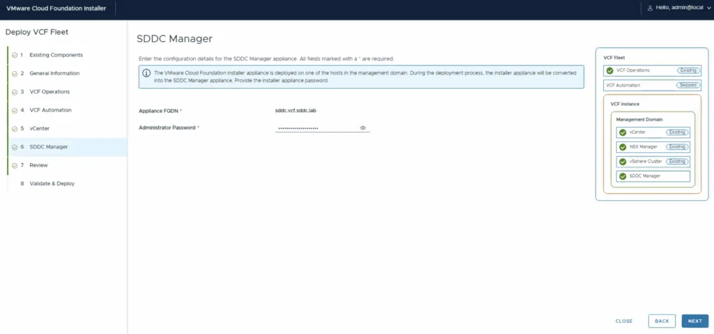 Deploying VCF 9 fleet, configuring SDDC Manager appliance with FQDN and password.