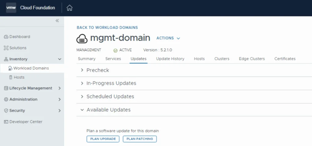 Cloud Foundation UI showing updates for mgmt-domain version 5.2.1.0.