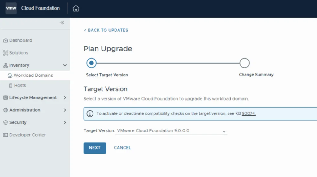 Selecting target version for VMware Cloud Foundation upgrade wizard.