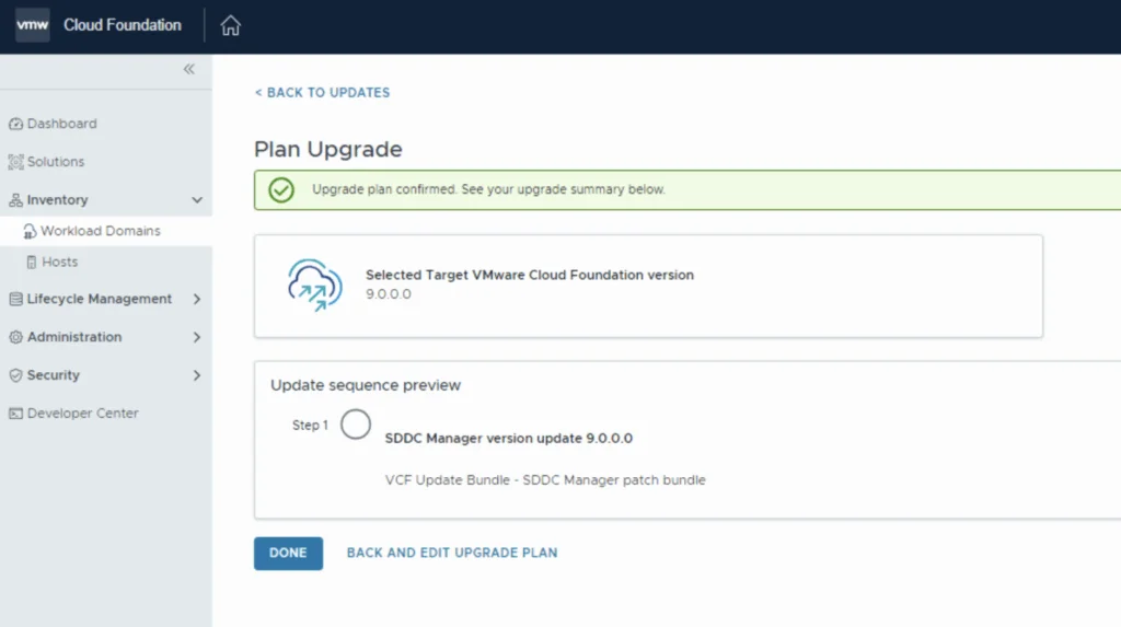 The image shows a “Plan Upgrade” step, confirming a VCF 9.0.0.0 upgrade plan.
