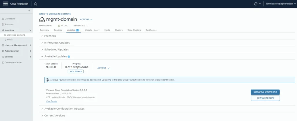 The screenshot shows the ‘Updates’ tab in VMware Cloud Foundation, displaying available updates for version 9.0.0.