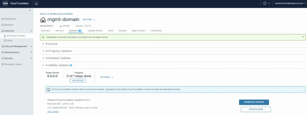 The UI shows a workload domain update page with options to precheck, in-progress, and scheduled updates, indicating a version upgrade from 5.2.1 to 9.0.0.0.