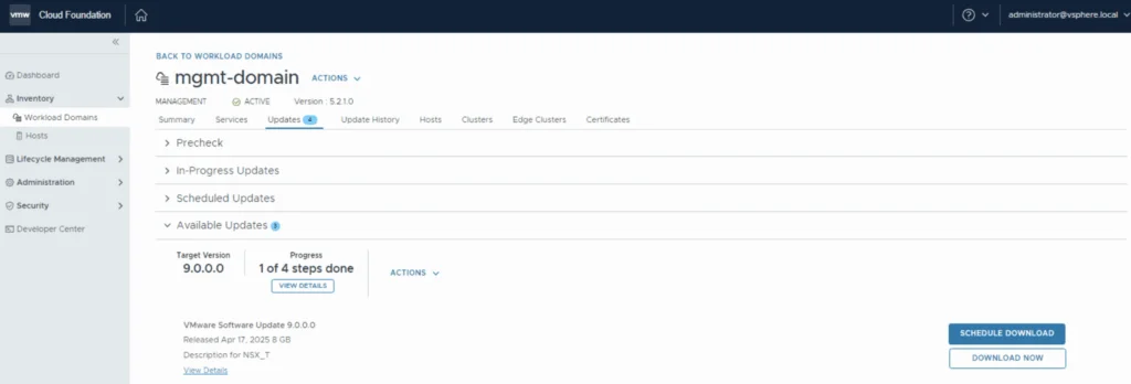 Upgrading VCF 5.2.1 to 9.0.0.0, showing download options for updates.