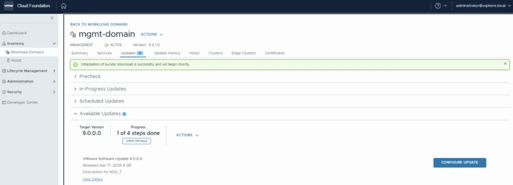 Upgrading VCF 5.2.1 to 9.0.0.0, showing 1 of 4 steps done.