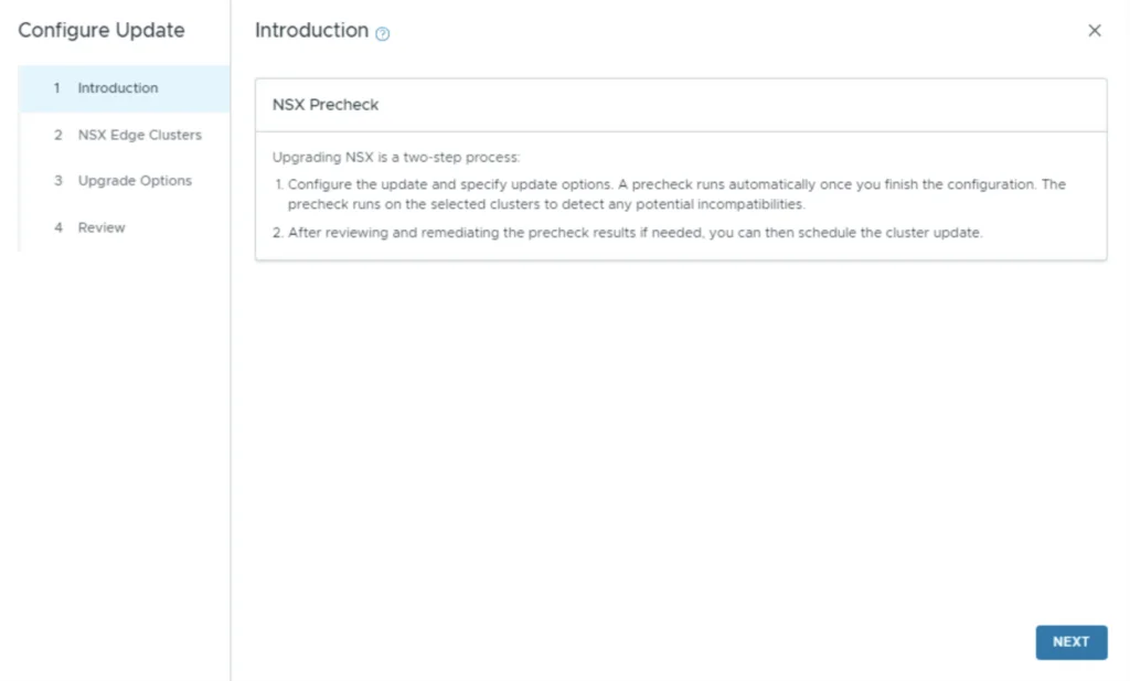 Configure Update wizard step: Introduction. NSX Precheck details shown.