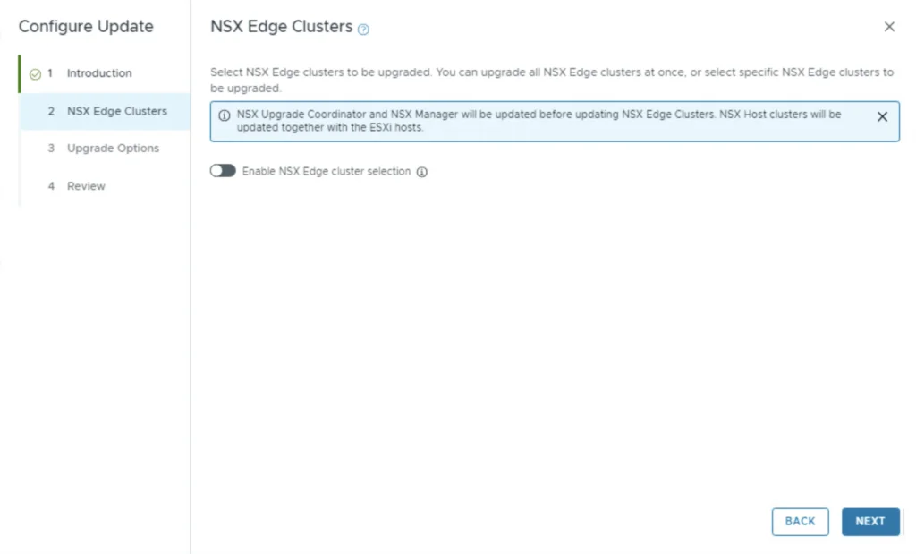 Configure Update: NSX Edge Clusters selection for upgrade.