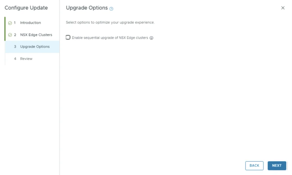 Upgrade Options screen in a VCF 5.2.1 to VCF 9 upgrade wizard.