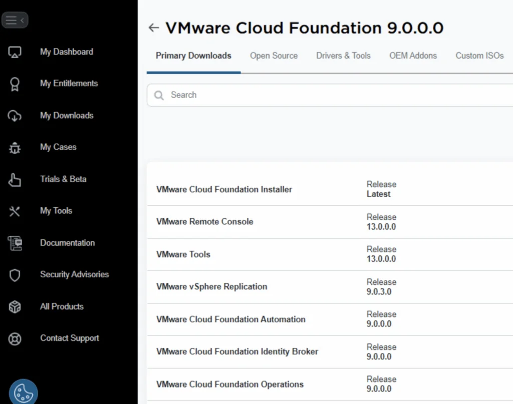 VMware Cloud Foundation 9.0.0.0 download page showing various components and their releases.