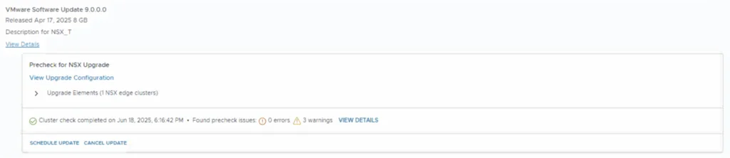 The screenshot shows a precheck summary for an NSX upgrade, indicating 3 warnings.