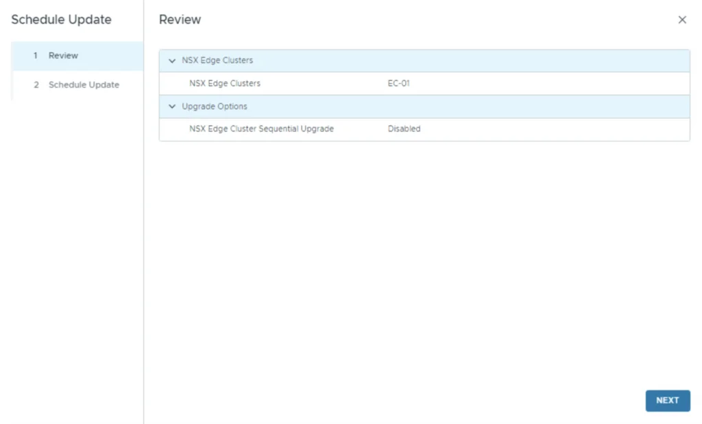 Review step showing NSX Edge Clusters and upgrade options.