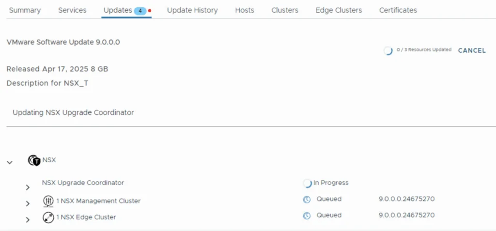 Upgrading VCF 5.2.1 to VCF 9.0.0.0 in progress, showing updates and hosts status.