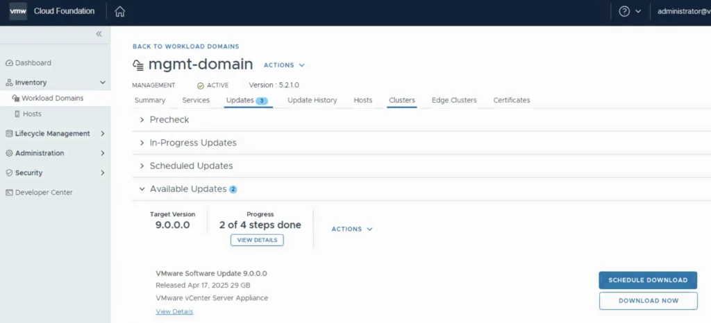 The image shows a VMware Cloud Foundation update page with available updates for VCF 9.0.0.0.