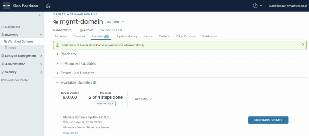 Upgrading VCF 5.2.1 to VCF 9.0.0.0, 2/4 steps done, configure update available.