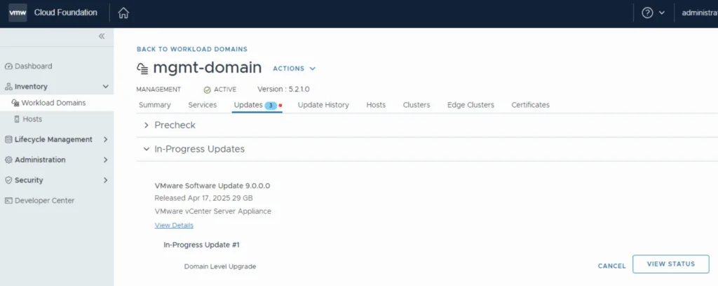 Upgrading VCF 5.2.1 to 9.0.0.0 in progress. View status for updates.