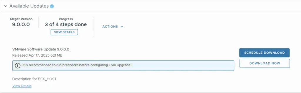 Upgrading ESXi to version 9.0.0.0 is in progress, with 3 steps out of 4 completed.