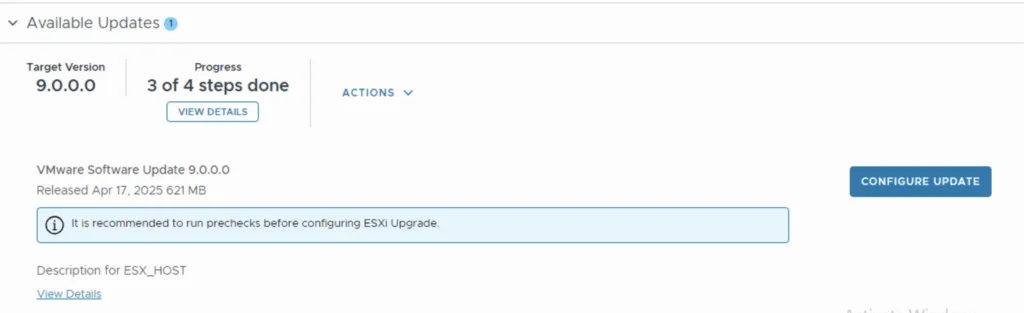 Update progress shows 3/4 steps done; precheck recommended before configuring ESXi upgrade.