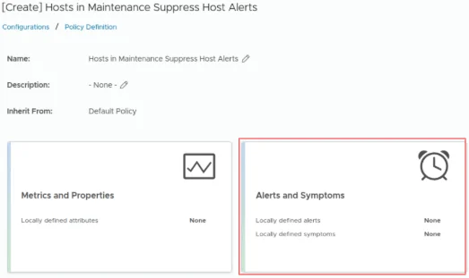 Configure policy for suppressing ESXi host alerts in VCF when maintenance mode is entered.