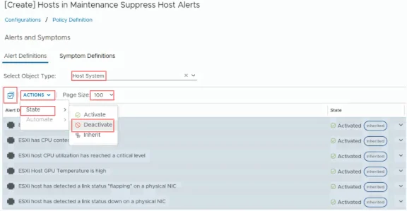 In Maintenance Suppress Host Alerts, select ‘Deactivate’ for alerts on host systems.