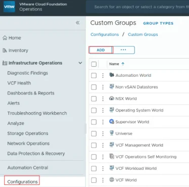 The image shows a VMware Cloud Foundation Operations dashboard with a focus on creating custom groups for managing ESXi hosts in maintenance mode.