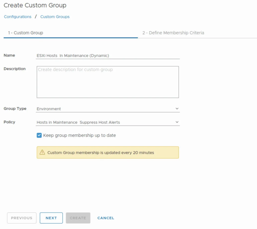Creating a custom group for ESXi hosts in maintenance mode with alert suppression in VCF.