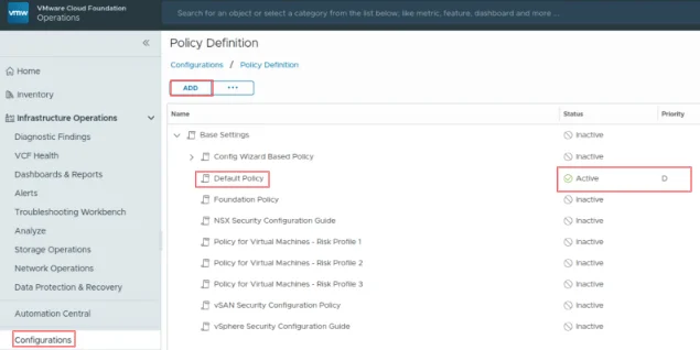 VCF Operations UI showing policy definition with "Default Policy" active.