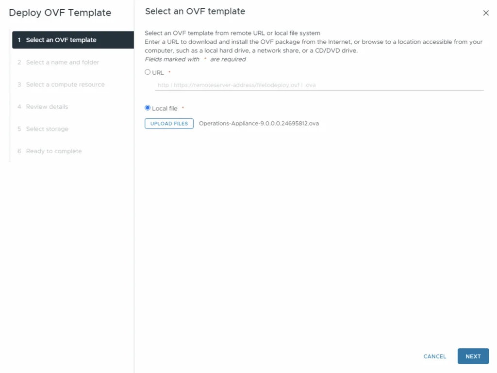 Selecting an OVF template in a deployment wizard, showing local file upload and next step options.