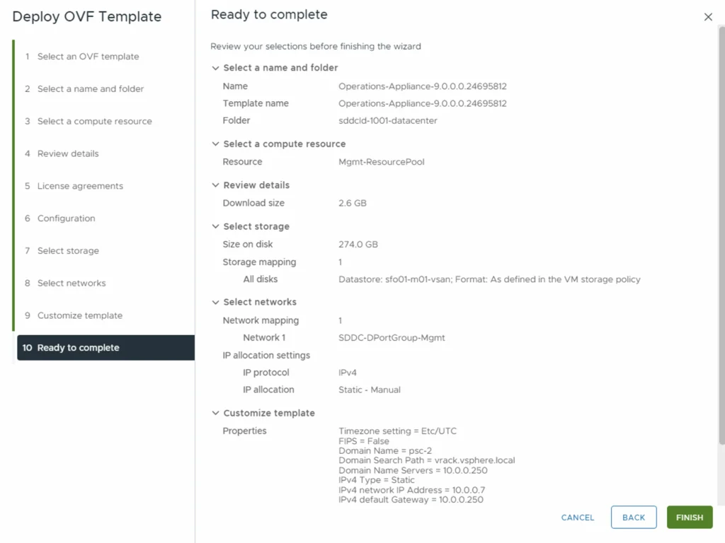 Deploy OVF Template wizard: Ready to complete, review settings, click Finish to deploy.