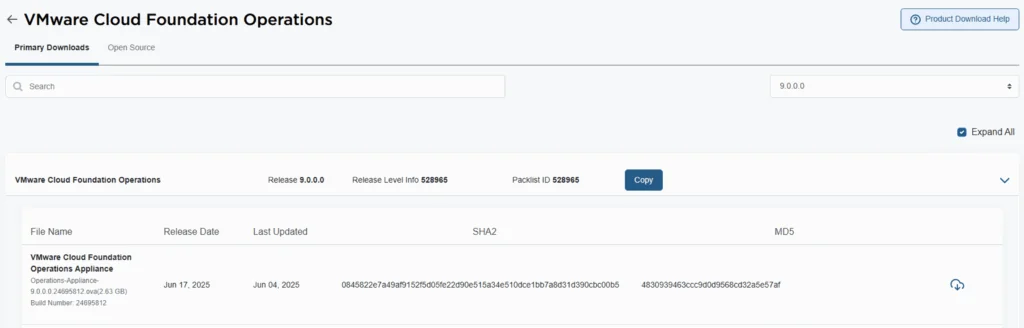 VMware Cloud Foundation Operations 9.0.0.0 release details with file name, release date, and SHA2/MD5 checksums.