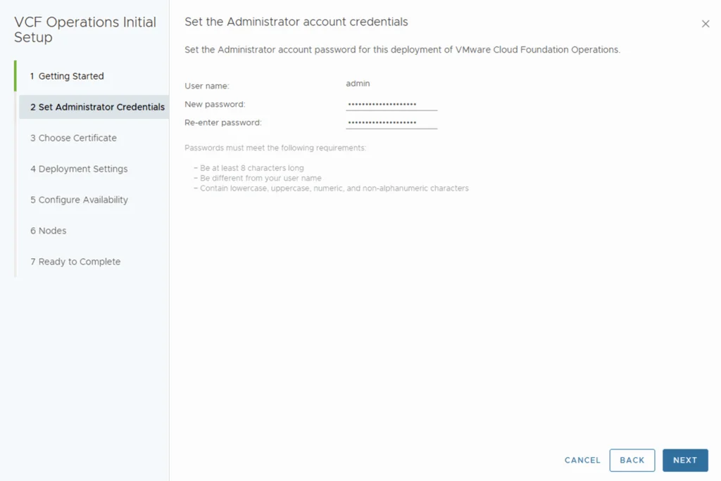 Setting up admin credentials for VCF Operations 9 deployment.