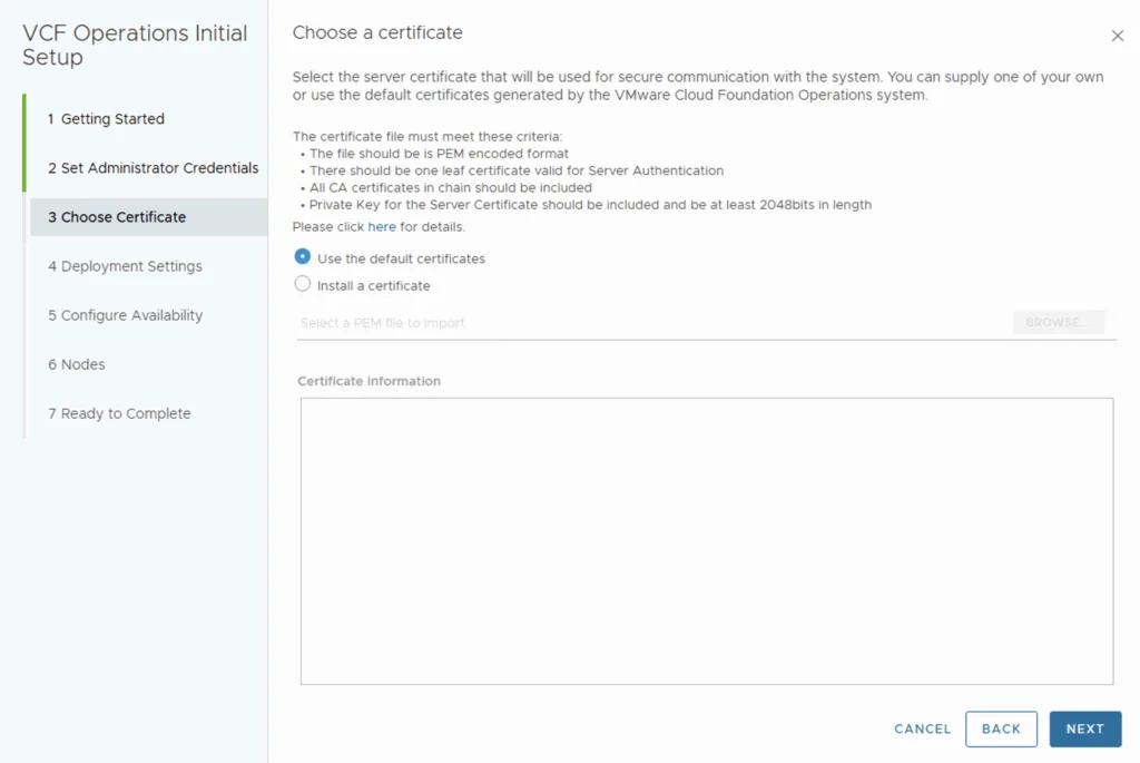Choose a certificate for secure communication. Select default or upload PEM file.