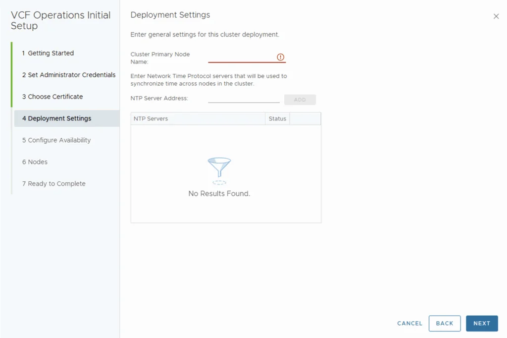 Cluster name and NTP server fields are empty. Click Next to proceed.