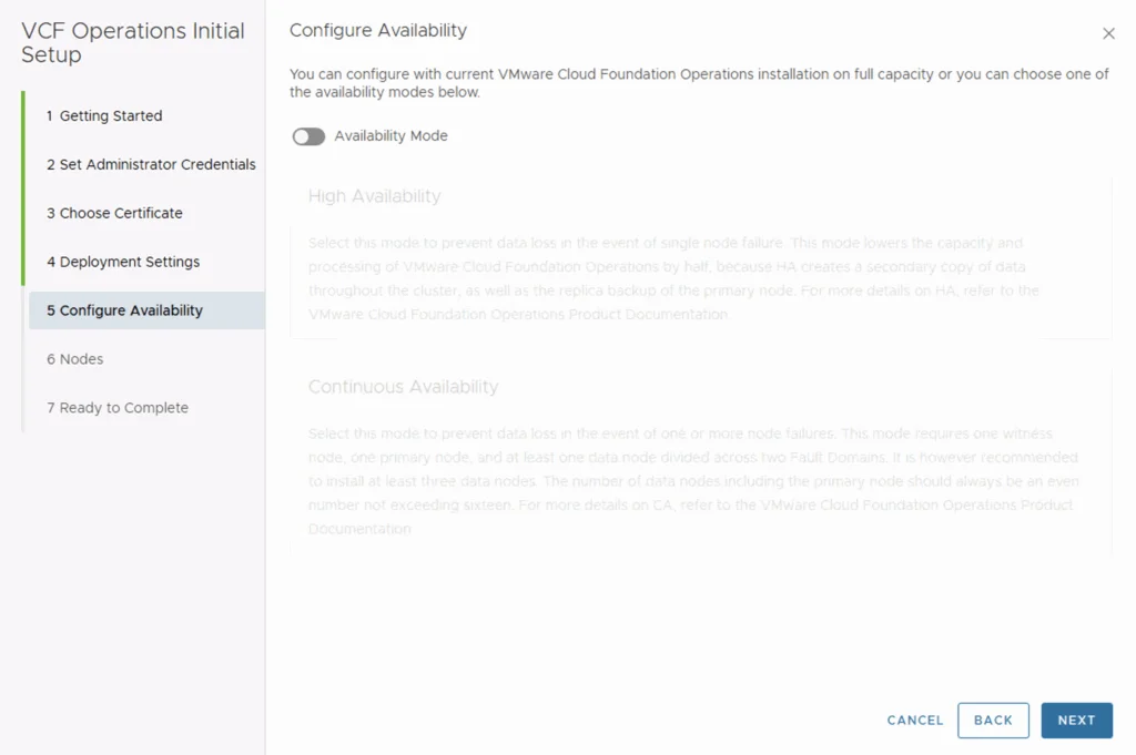 Configure availability mode for HA or CA in VCF Operations 9 deployment.