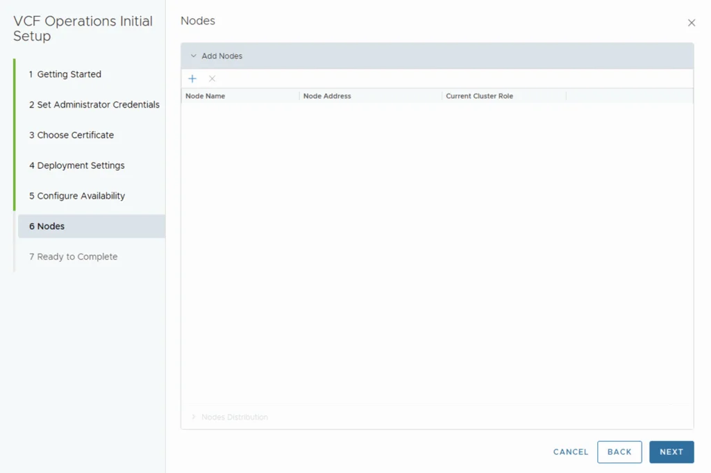 VCF Operations Initial Setup - Nodes step shows add nodes option.
