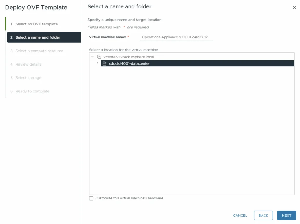 Deploy OVF Template: Name VM, select folder, click Next.