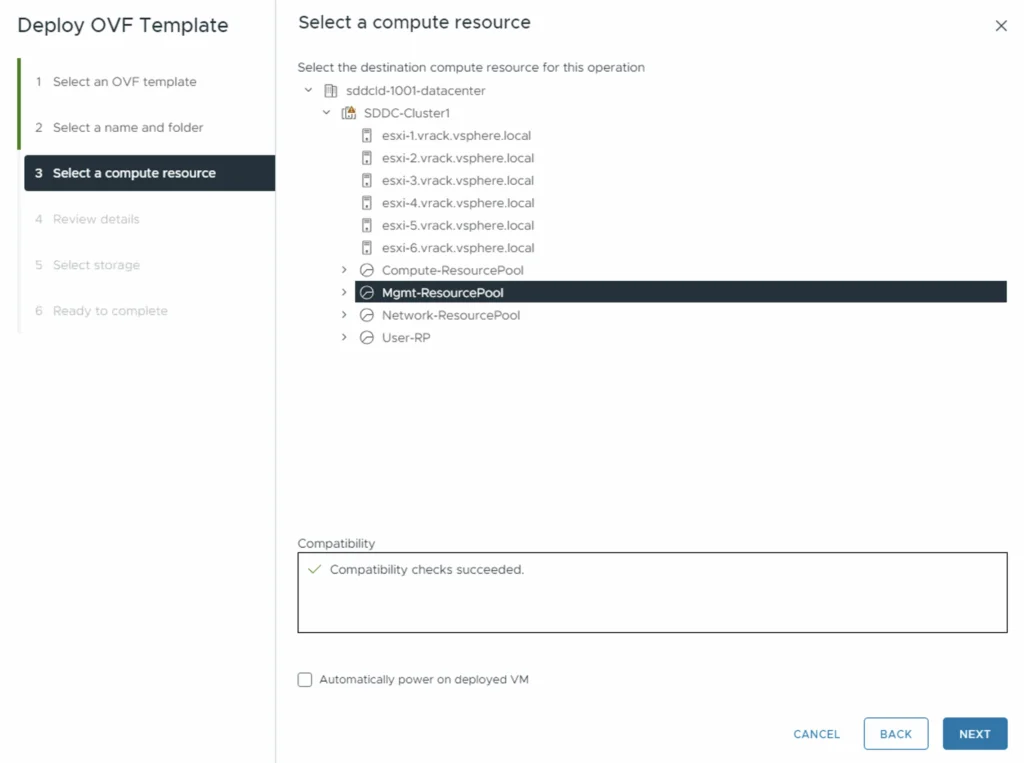 Deploy OVF Template wizard shows selecting a compute resource, with options like Mgmt-ResourcePool and Network-ResourcePool.