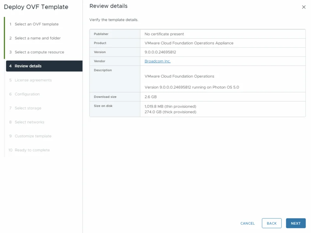 Reviewing details for VMware Cloud Foundation Operations Appliance 9.0.0.0.24695812, 2.6 GB download, 274.0 GB on disk. Click Next to proceed.